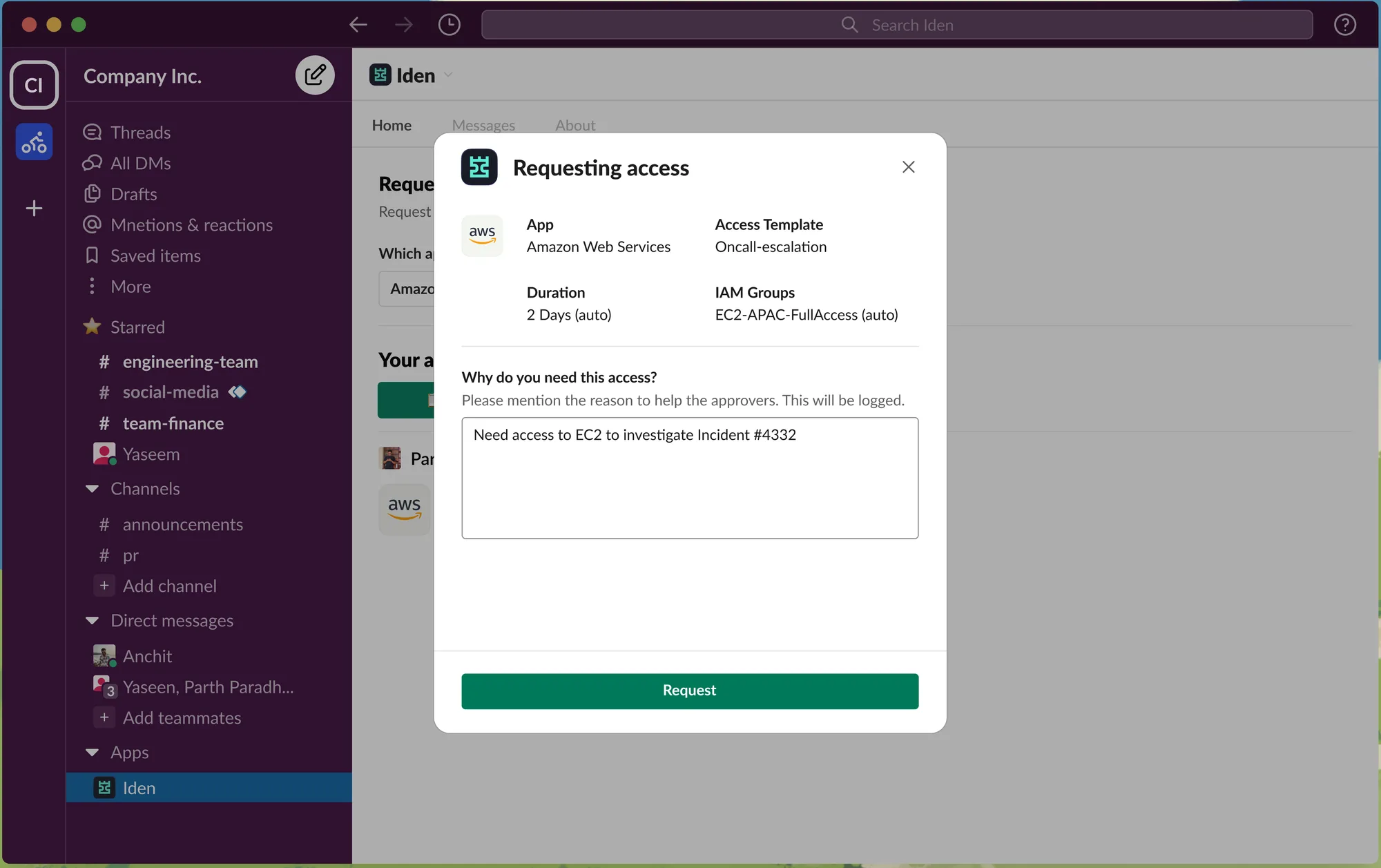 An access request in Slack: AWS, the Oncall-escalation template, a two-day duration set automatically, and a free-text reason box.