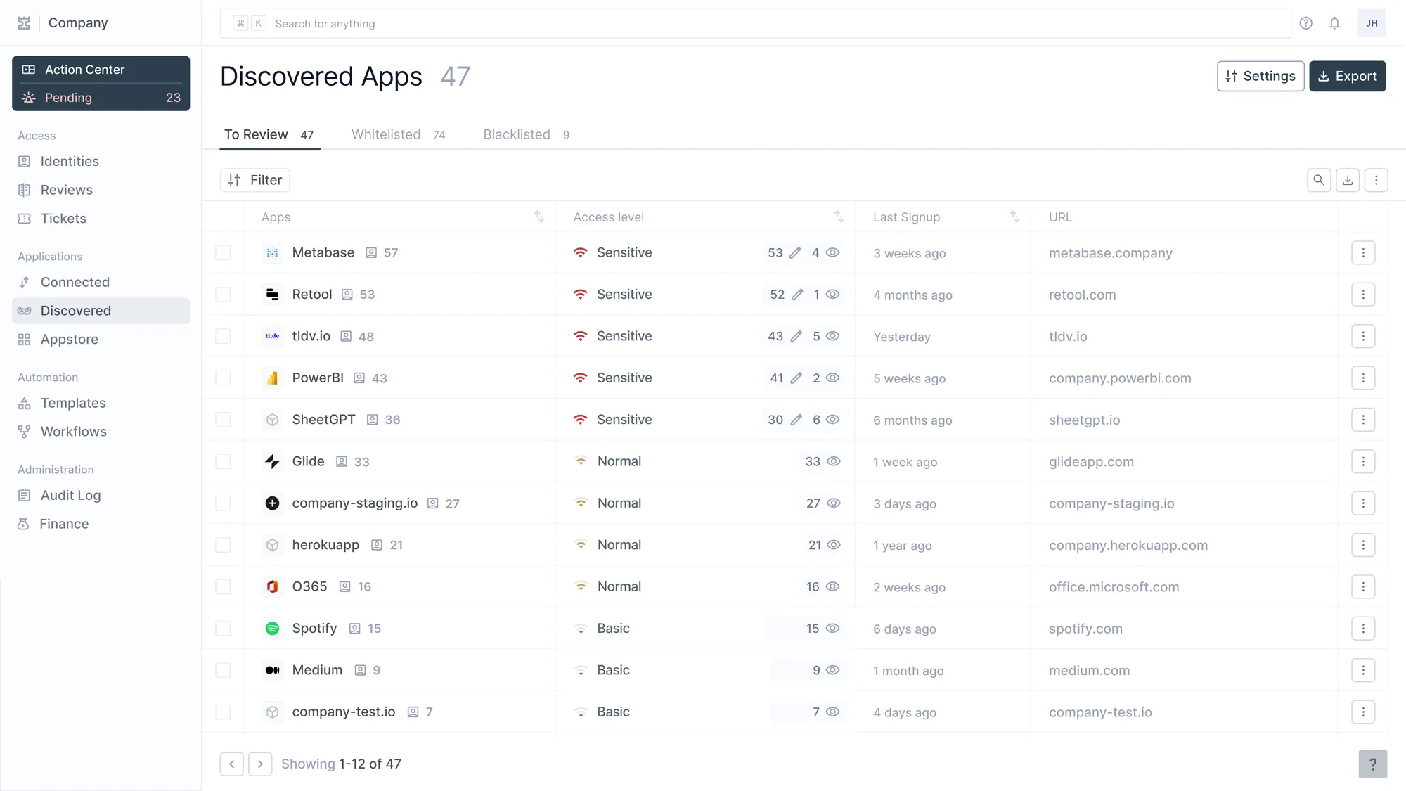 Iden's shadow IT view, listing applications discovered in use that were never sanctioned or connected.