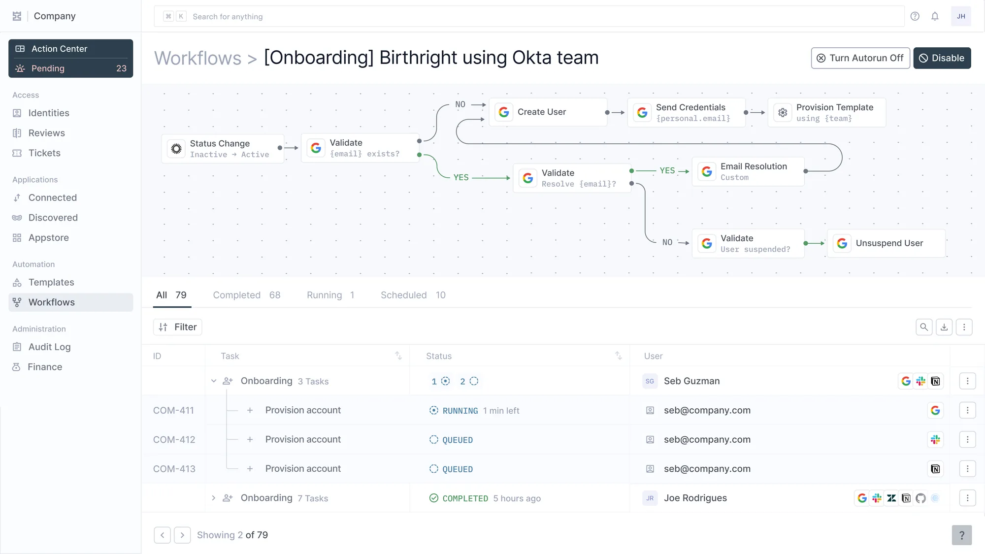 An Iden onboarding workflow shown as a branching graph, with a task list underneath showing three accounts provisioning for one new hire, one running and two queued.